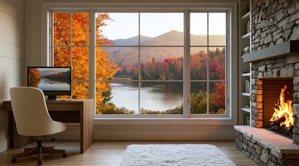 Obraz premium Office workspace in a cozy home with a fireplace and autumn lake view by window