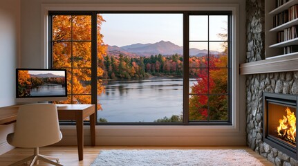 Obraz premium Office workspace with cozy fireplace overlooking scenic autumn mountain lake view