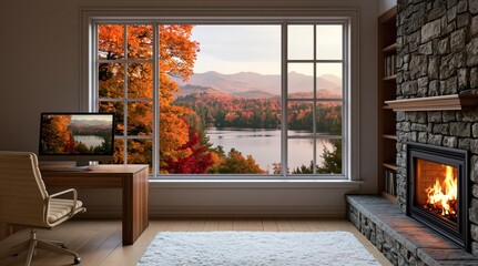 Obraz premium Office home workspace with a stone fireplace and scenic lake view in autumn fall