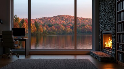 Obraz premium Office home workspace with cozy fireplace and autumn lake view from the window