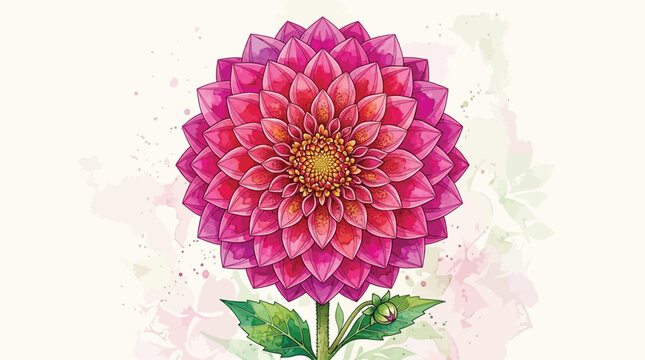 Vibrant Pink Dahlia Flower Watercolor Illustration with Green Leaves and Ladybug, Botanical Art for Decoration and Design