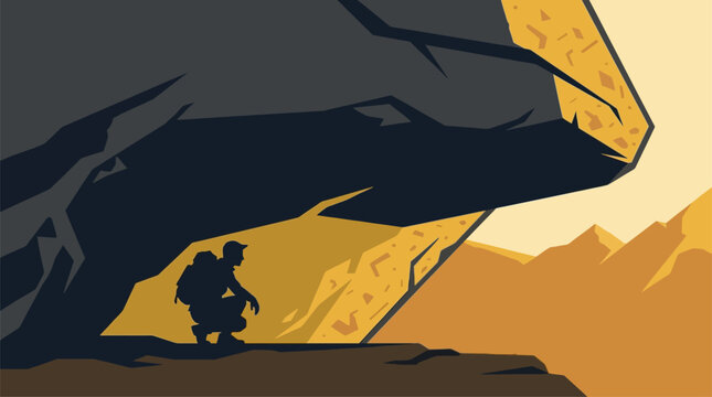 Lone Hiker Pausing Under Overhanging Rock Formation in Desert Landscape at Dusk, Adventure Exploration