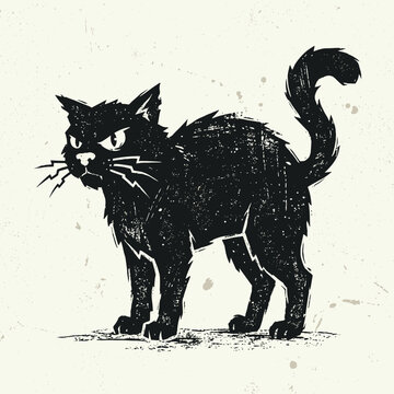 Grungy black cat with arched back and angry expression