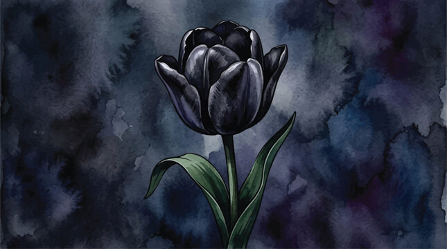Single Black Tulip Bloom with Dark Moody Watercolor Background, Elegant Botanical Art for Sophisticated Design Projects