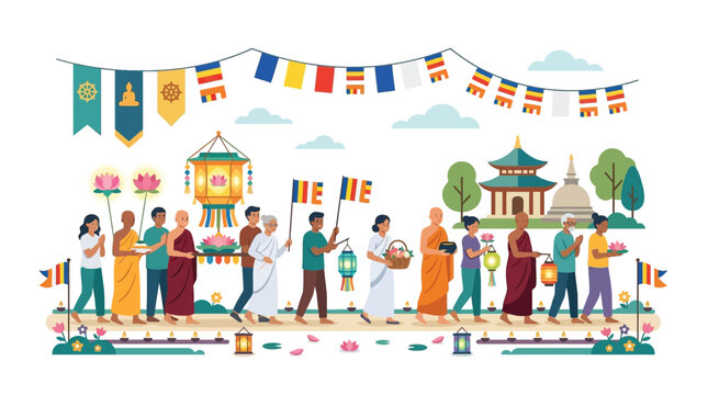 Diverse People Participating in a Buddhist Festival Procession with Lanterns and Prayer Flags