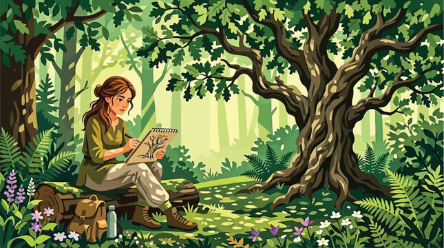 Artist woman sketching ancient oak tree in lush green forest, nature study illustration, creative hobby and outdoor inspiration