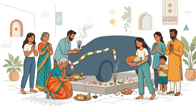 Indian Family Performing Traditional Car Puja Ceremony for New Vehicle Blessing with Flowers and Incense