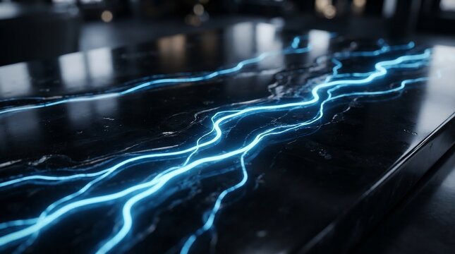 Bright blue electric energy lightning striking across dark reflective surface