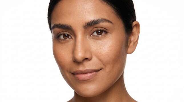 Close-up portrait of a Peruvian woman with clear, healthy skin and a gentle smile