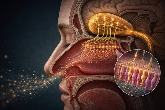 Glowing Olfactory Pathway Inside Human Nasal Anatomy