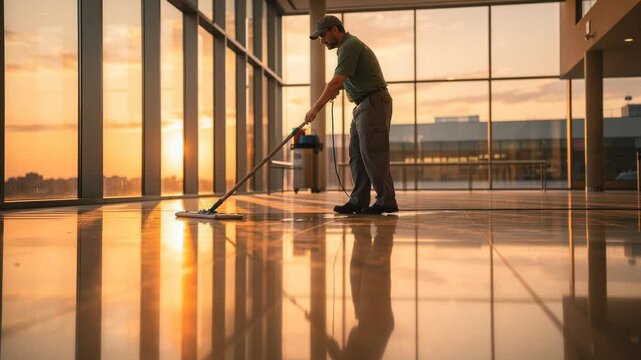 Professional janitor cleaning shiny floor in modern office building during sunset with reflective glass windows