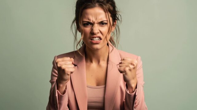 Angry young woman in pink blazer showing frustration with clenched fists and tense expression