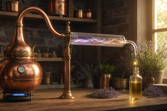 Copper Still Distilling Essential Oil In Warm Workshop