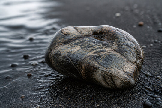 Weathered ambergris lump on wet dark sand