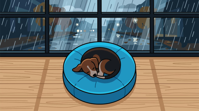 Cozy Puppy Sleeping in Dog Bed Near Window on Rainy Day, Urban Cityscape Reflection, Peaceful Pet Comfort