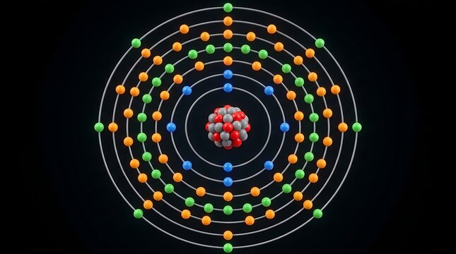 A colorful conceptual representation portrays the complex structure of a heavy atomic nucleus surrounded by various orbiting electron shells within an expansive and dark scientific space