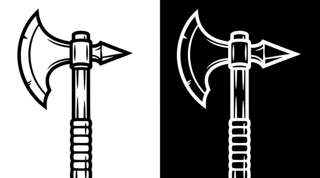 A fierce dual set of traditional medieval combat axes featuring sharpened metal blades and wooden shafts represents historical weaponry craftsmanship for vintage graphic design emblem projects