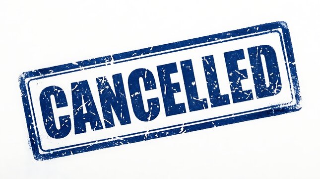 A distressed blue rectangular stamp bearing the bold white word 'CANCELLED' conveys a strong message of termination for appointments, events, orders, or plans, signifying a definitive halt