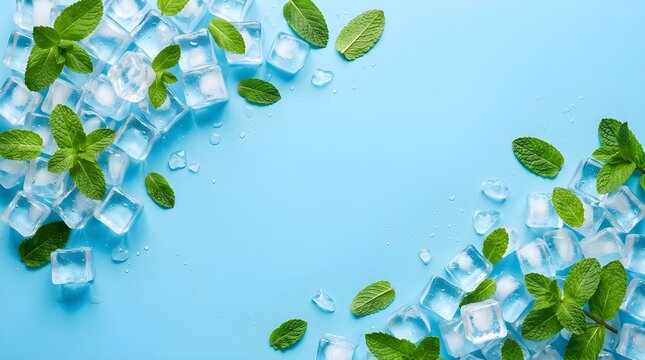 Refreshing mint and ice cubes arrangement on light blue background summer drink concept
