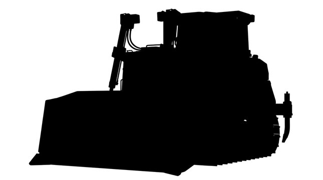 Silhouetted heavy-duty construction earthmover, a powerful dozer machine with a prominent blade and tracks, poised for significant landscaping or demolition tasks on any surface