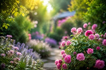 Obraz premium A beautiful garden filled with lush green foliage and colorful flowers in a dreamy summer atmosphere.