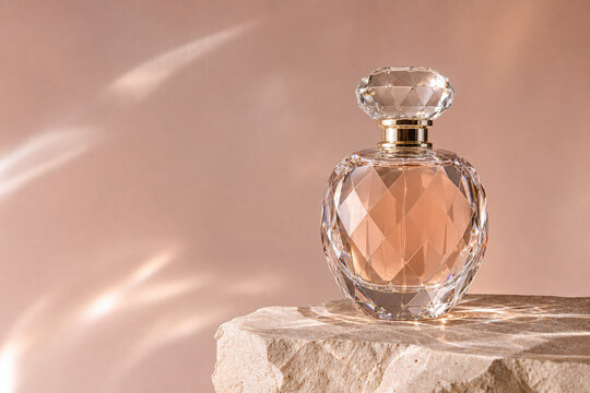 Faceted crystal perfume bottle in warm elegant light