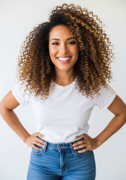 Confident woman with curly hair posing hands on hips