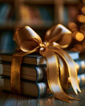 Stack of books sits under warm light in a library with a gold bookmark ribbon. The scene suggests a focus on learning and reading.