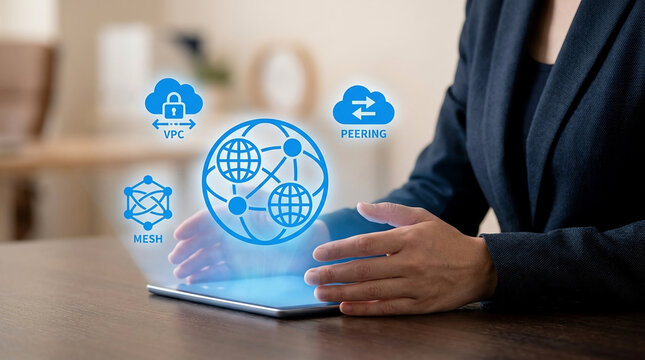 Cloud Networking and Infrastructure Concept with Virtual Private Cloud VPC Peering and Global Mesh Network Icons Hovering Over a Digital Tablet