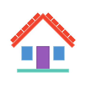 Simple House Icon with Red Roof and Blue Windows