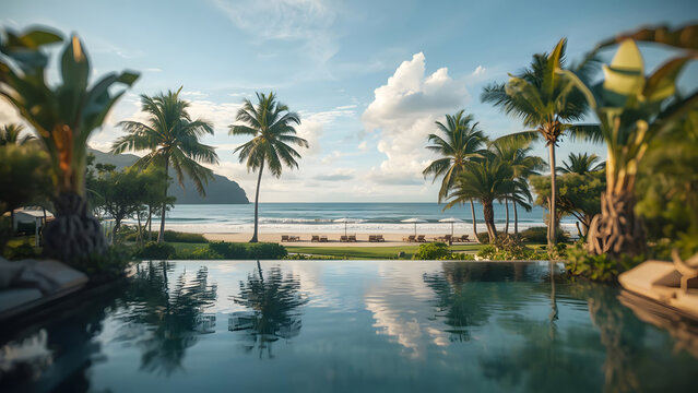 Luxury tropical resort infinity pool overlooking serene beach and ocean