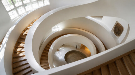 Fototapeta premium Stunning spiral staircase showcases striking architectural curves and natural light, creating inviting atmosphere