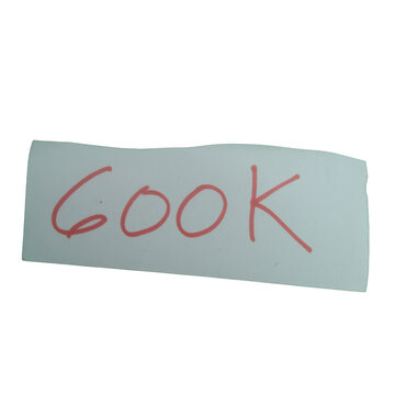 Handwritten 600k text in red ink on a small white paper note isolated on transparent background