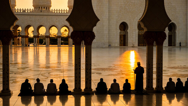 People praying in a mosque at sunset