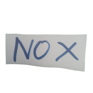 Handwritten word nox written in blue marker on a small piece of white paper isolated on transparent background