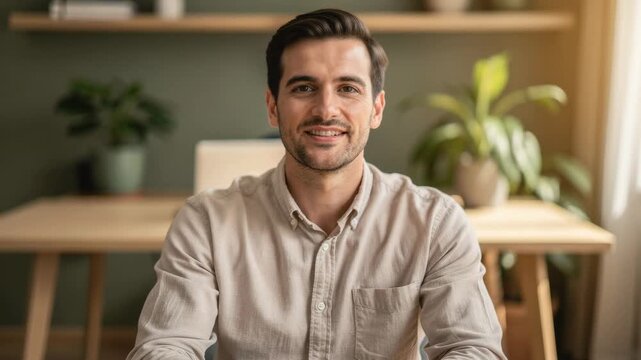 Smiling young man in casual shirt sitting at desk with plants in bright modern home office