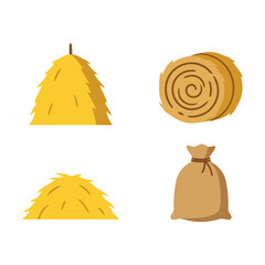 Set of dry hay stacks, round straw bale and a burlap sack for agriculture and farm design Vector © azad