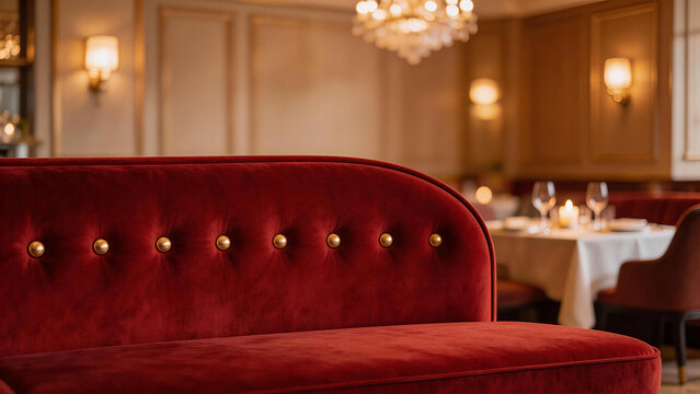 Luxury red velvet sofa in elegant dining room