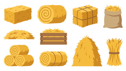 Set of dry hay bales straw rolls and farm harvest stacks in a cartoon vector illustration style Vector © azad