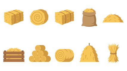 Set of dry hay bales and straw stacks for farm harvest collection in a flat vector style Vector © azad