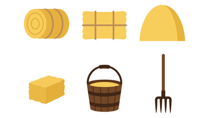 Set of farm icons with hay bales, straw pile, wooden bucket, and metal pitchfork for agriculture Vector © azad