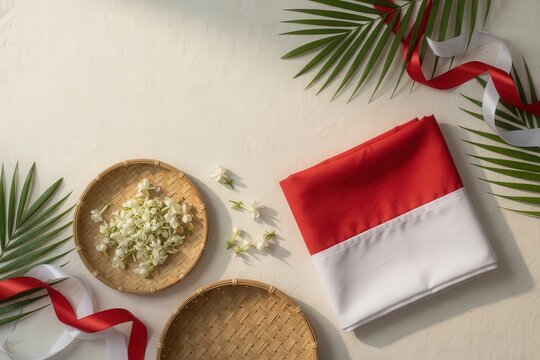 Natural 17 August Decoration Frame with Red-White Fabric, Tropical Leaves, and Woven Coconut Leaves