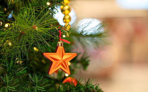 Christmas deco on tree featuring a star. Copy space.