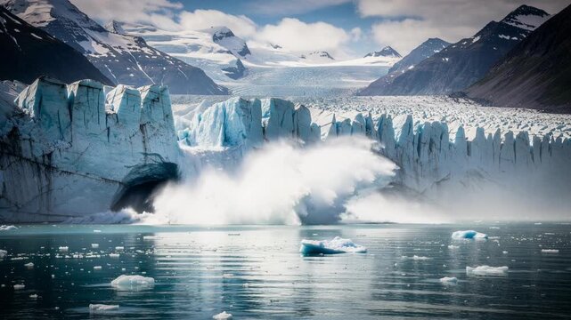 Majestic glacier calving into icy water with snow covered mountains under blue sky