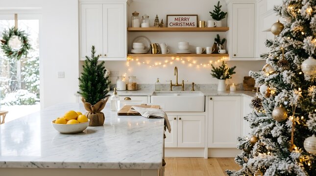 Festive christmas kitchen scene with white cabinets marble countertops and holiday decorations