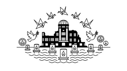 Peace Memorial, Cranes, Doves, Lanterns Illustration © Sinta Maharani