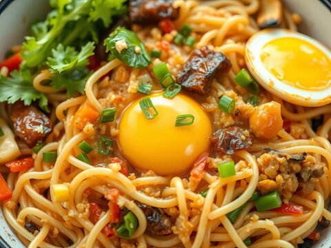 Crunchy vegetables mixed with noodles and egg, indochinese, chopsticks