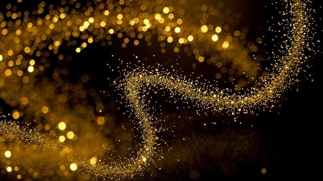 Golden glitter particles swirling in abstract pattern on black background with glowing bokeh effect