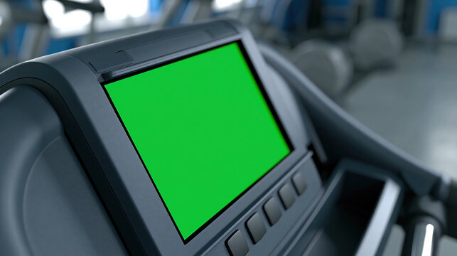 Gym equipment display green screen mockup, generic treadmill console with blank digital screen in fitness room
