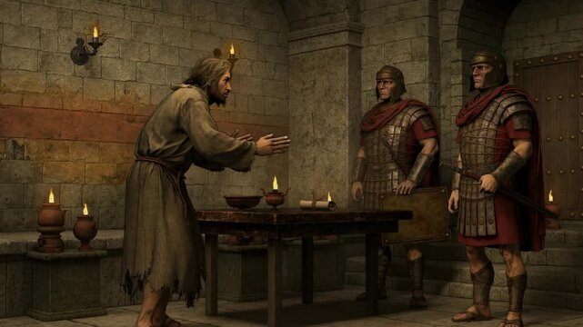 Ancient Roman prisoner pleading before two armored soldiers in a historic stone chamber with torches